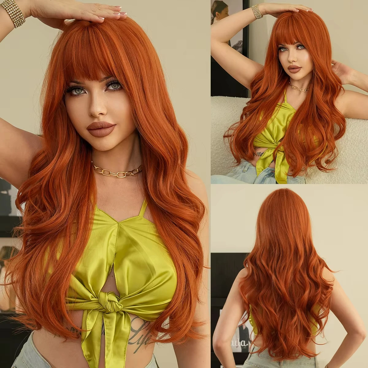 Color: T1B/Green - Light golden synthetic wig with big waves for Halloween party, cosplay wig, everyday wig, high-temperature hair silk wig set