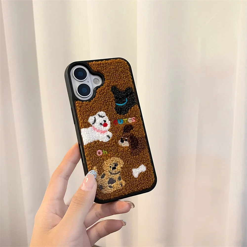 Color: black, Material: Vinyl - Luxury Cartoon Embroidery Cute Dog Cats Colorful Dots Phone Case For iPhone 13 14 15 16 Pro Max Plush Winter Shockproof Cover