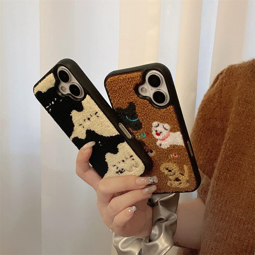 Color: black, Material: Vinyl - Luxury Cartoon Embroidery Cute Dog Cats Colorful Dots Phone Case For iPhone 13 14 15 16 Pro Max Plush Winter Shockproof Cover