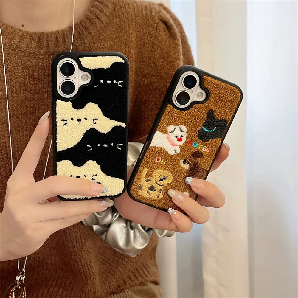Color: black, Material: Vinyl - Luxury Cartoon Embroidery Cute Dog Cats Colorful Dots Phone Case For iPhone 13 14 15 16 Pro Max Plush Winter Shockproof Cover