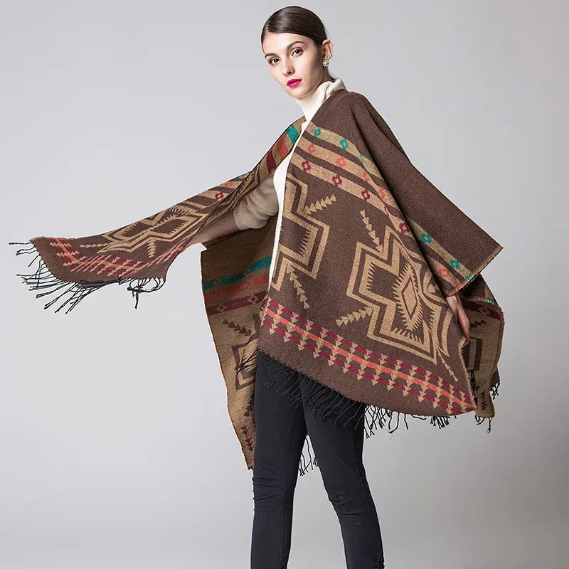 Color: Turquoise, Size: One Size - European American Popular Tassel Thickened Cashmere Like National Style Travel Fork Shawl Scarf in autumn Ponchos Capes P9