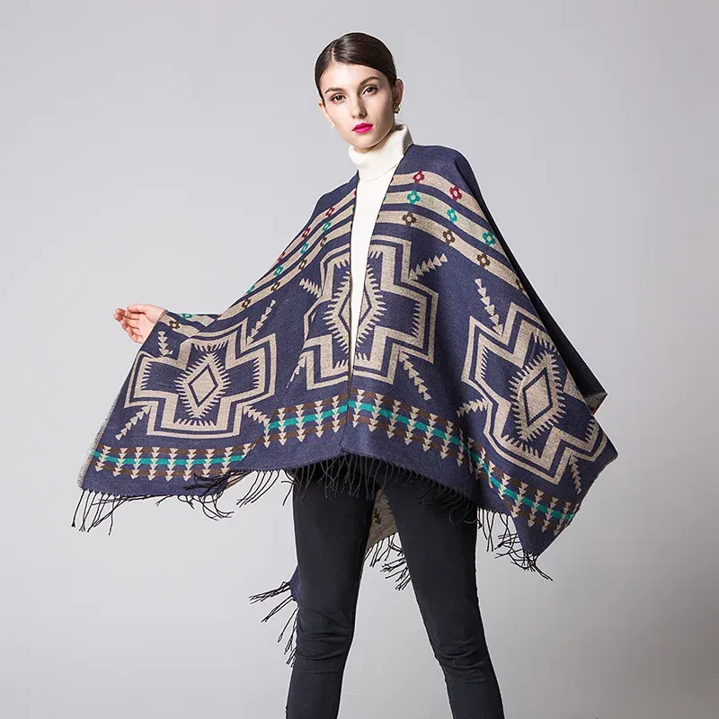 Color: Turquoise, Size: One Size - European American Popular Tassel Thickened Cashmere Like National Style Travel Fork Shawl Scarf in autumn Ponchos Capes P9