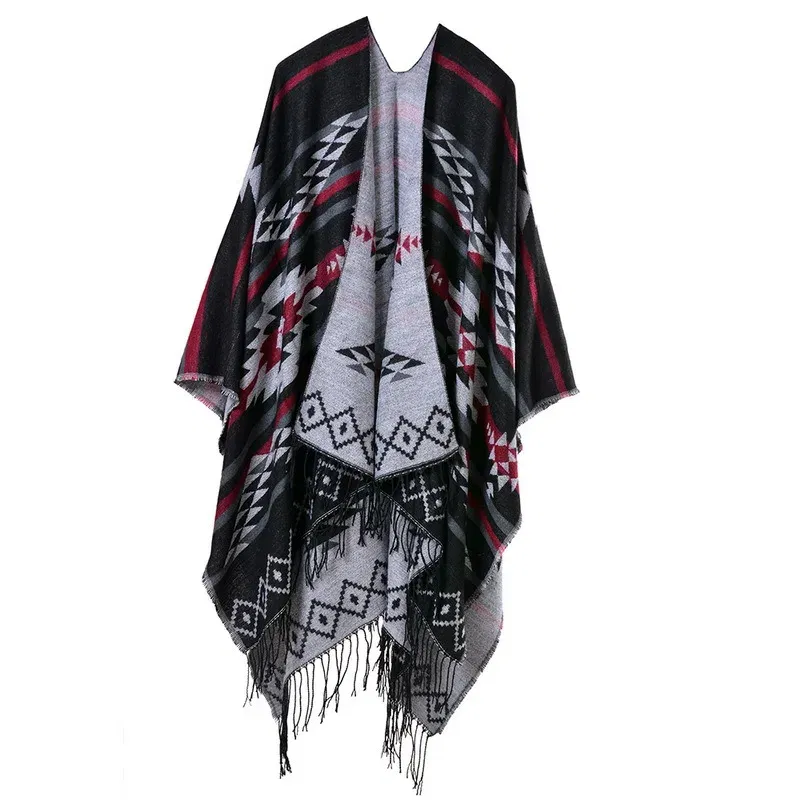 Color: Turquoise, Size: One Size - European American Popular Tassel Thickened Cashmere Like National Style Travel Fork Shawl Scarf in autumn Ponchos Capes P9