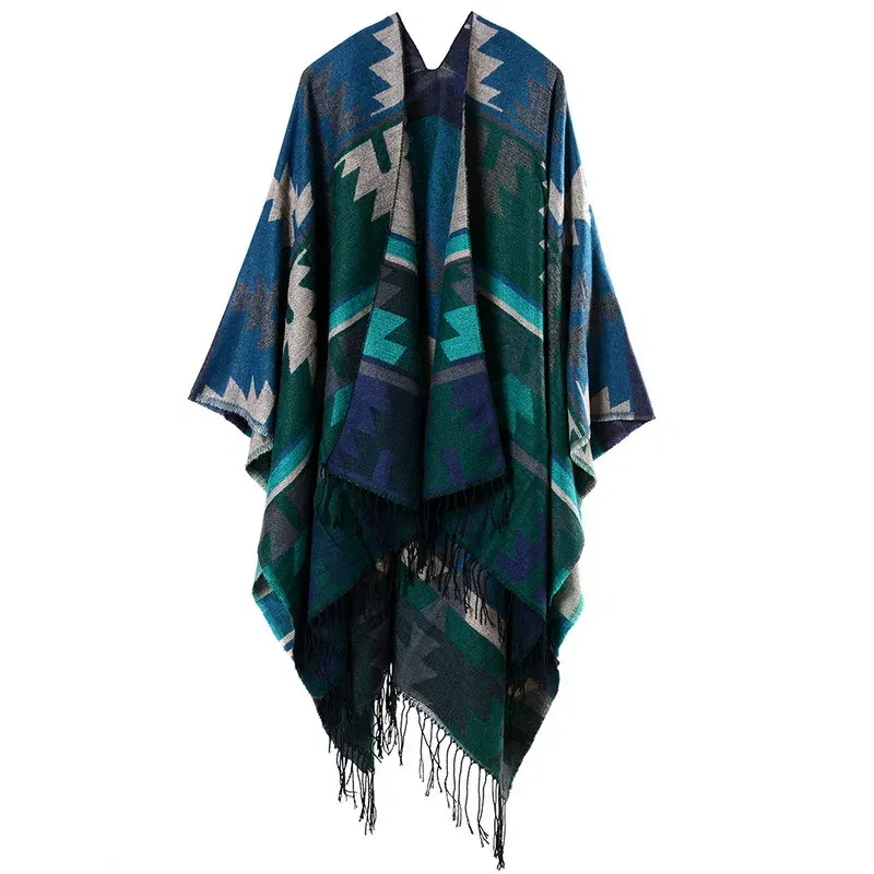Color: Turquoise, Size: One Size - European American Popular Tassel Thickened Cashmere Like National Style Travel Fork Shawl Scarf in autumn Ponchos Capes P9