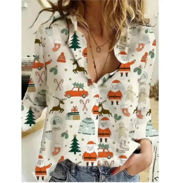 Color: Gold, Size: XXL, Ships From: CHINA - Women New Christmas Shirt Cute Christmas Tree Santa Claus Print Blouses Casual Long Sleeve Button Tops Autumn Blouses Ladies