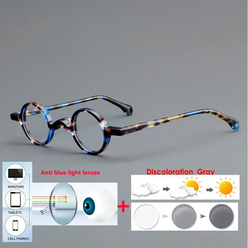 Frame Color: Bright Yellow, Eye Prescription: +450 - VCKA Photochromic Acetate Myopia Glasses Men Retro Small Round Frames Women Custom prescription Anti-Blue Eyewear -0.5 TO -10