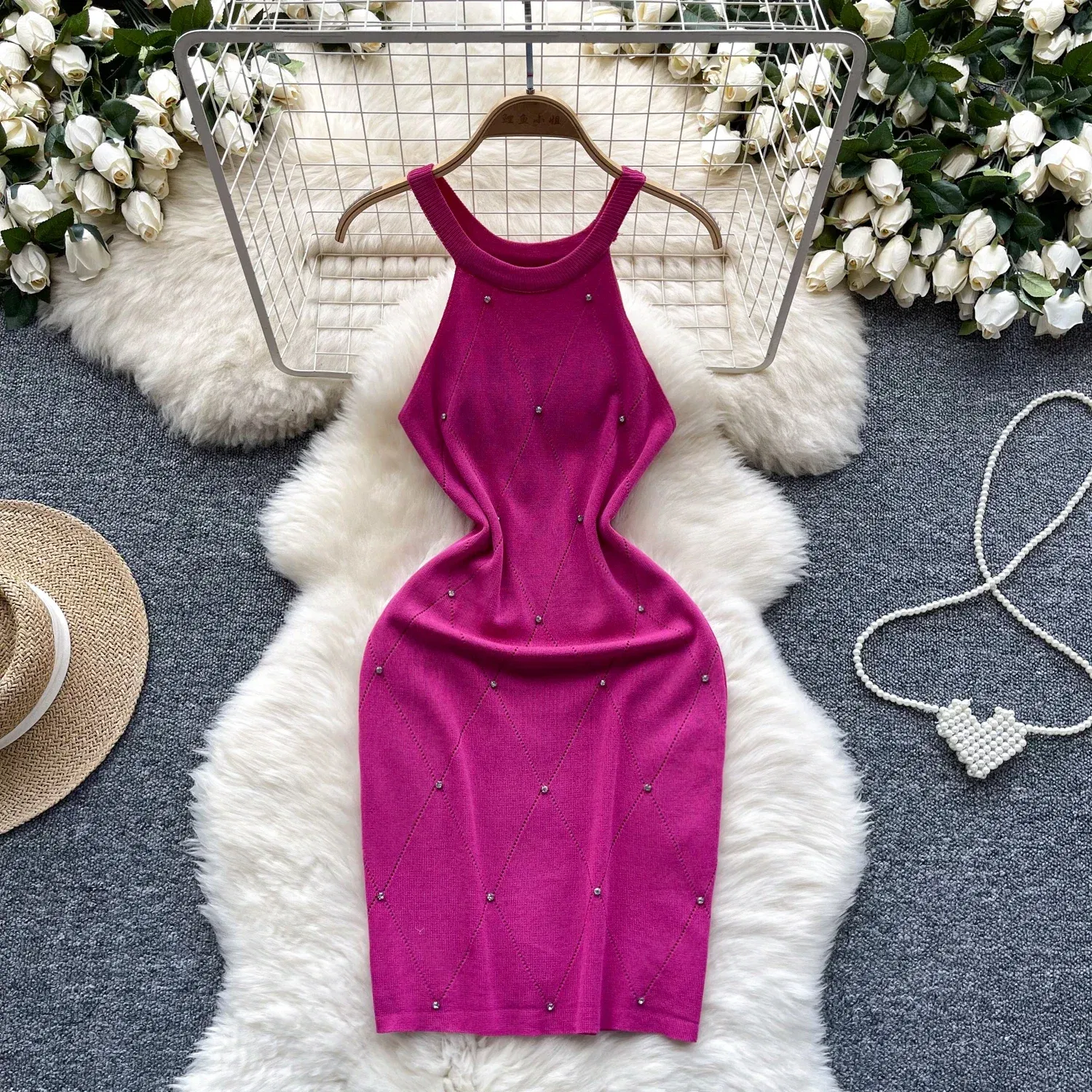 Color: Rose Red, Size: One Size - Beading Halter Women's Knitting Sheath Tank Dress Female Bodycon Knitted Camisole Sleeveless Mini Dresses For Woman Outfits