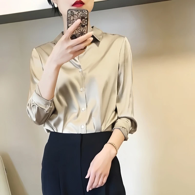 Color: Claret, Size: M - All-match Satin Finish Shirts And Blouses Women Clothing Casual Top OL Long Sleeve Button Elegant Shirts French Solid Blouses