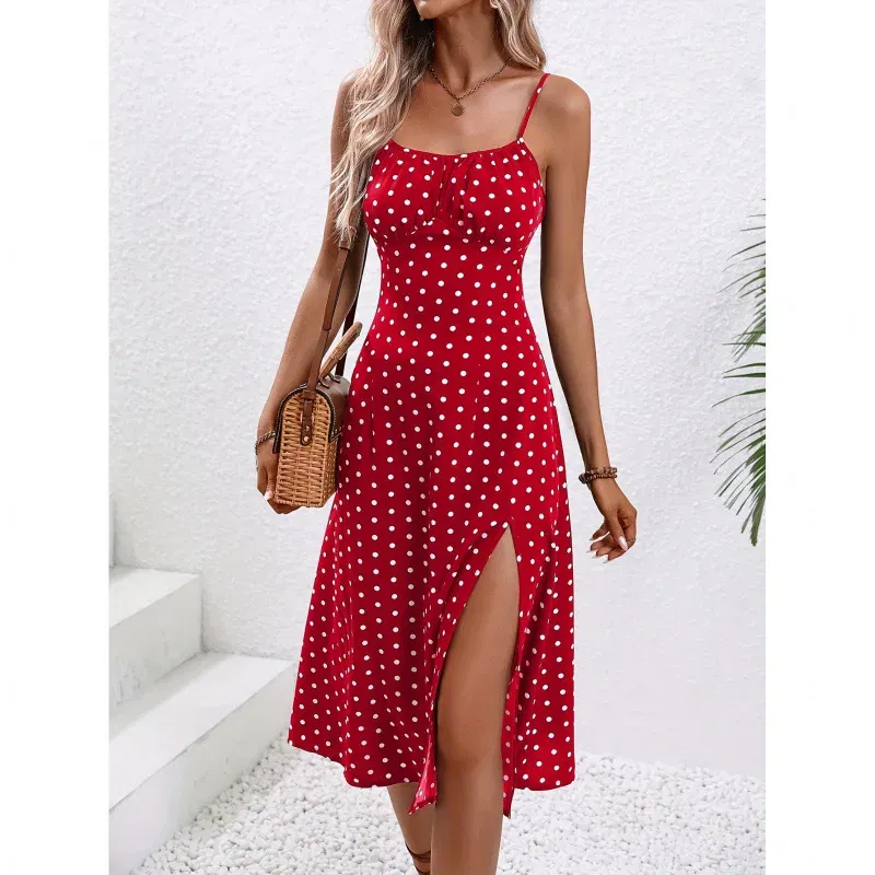 Color: Beige, Size: M - 2025 Summer Sexy Spaghetti Straps Dress Women Fashion Polka Dot Print Sleeveless Slit Dress Boho Casual Beach Midi Dresses