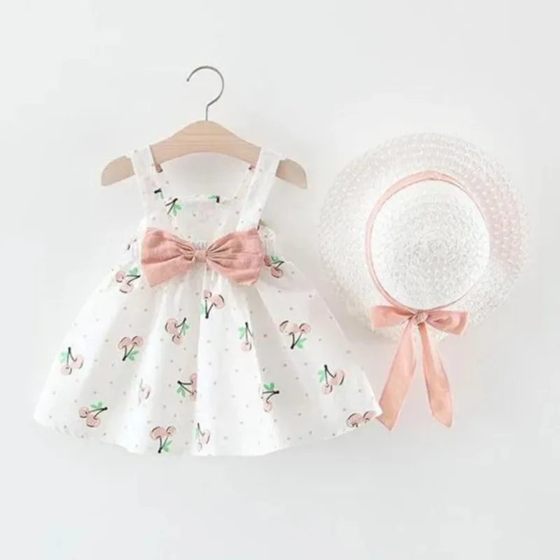 Color: Yellow, Kid Size: 2T - 1Pc Kids Girl Summer Sleeveless Dress Cute Print Bow Casual Dress with Straw Hat