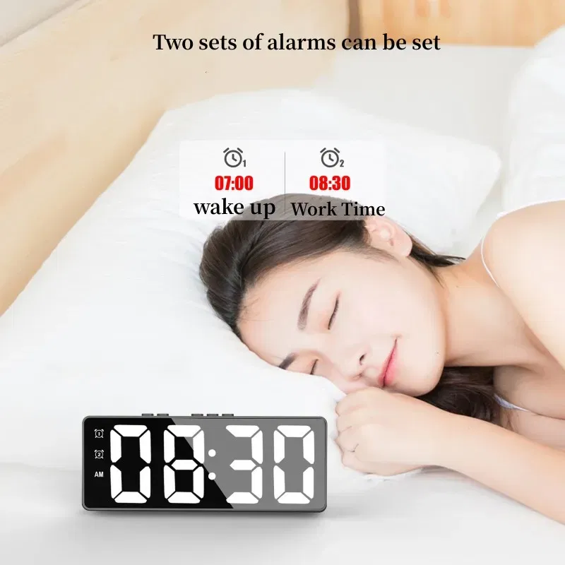 Color: Red - LED Alarm Clock Electronic Student Digital Clock Voice Control Dual Snooze 12/24H Dual Alarms Temperature Mute Table Clock
