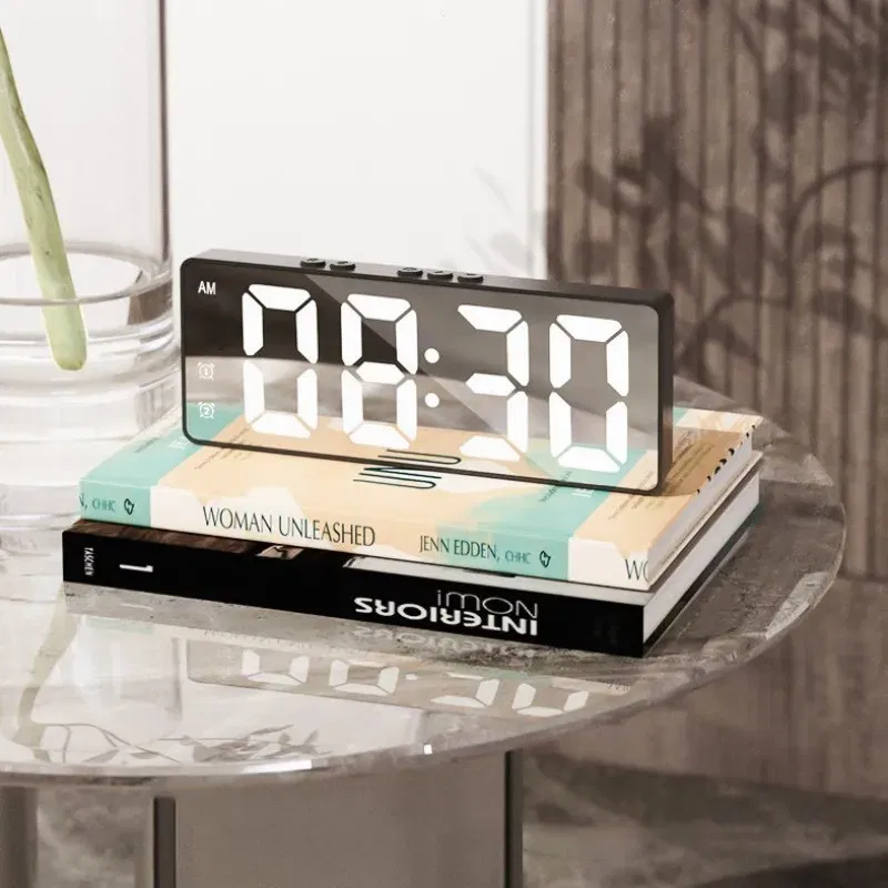 Color: Red - LED Alarm Clock Electronic Student Digital Clock Voice Control Dual Snooze 12/24H Dual Alarms Temperature Mute Table Clock