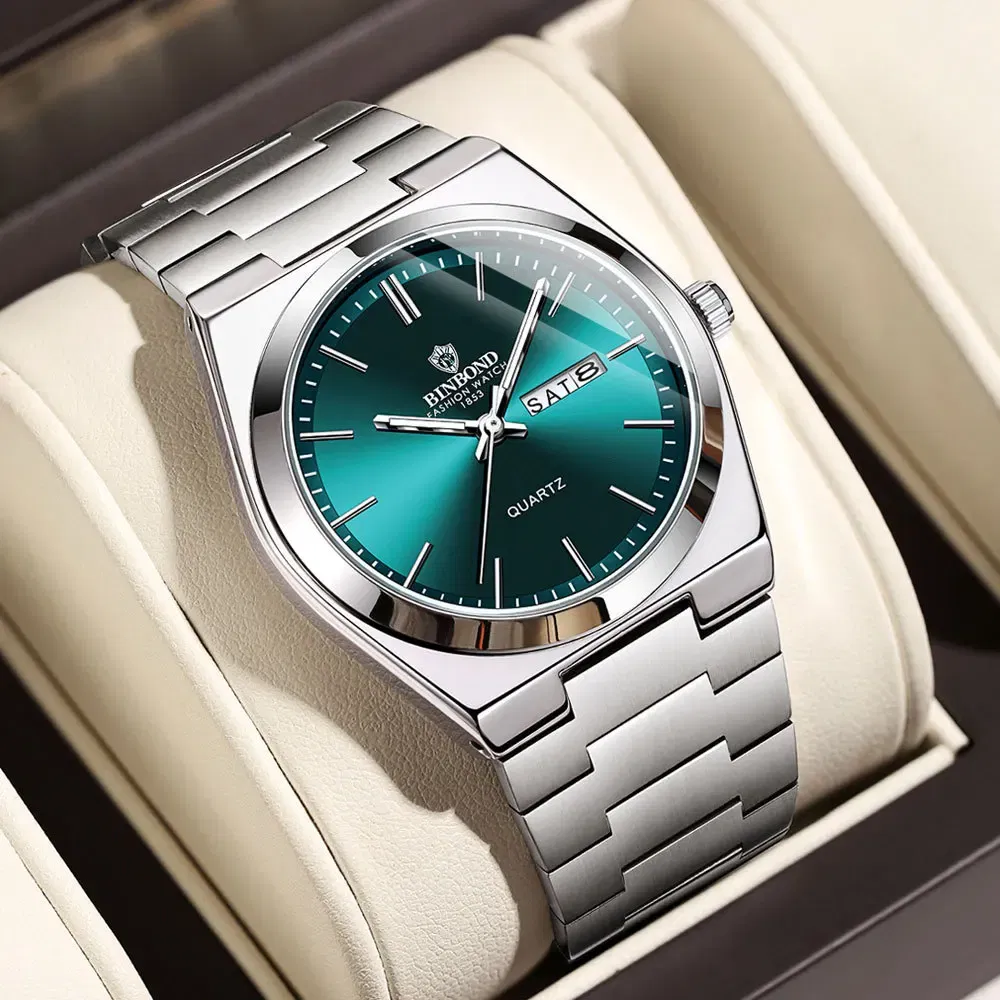 Color: Gold - UTHAI Men Watch Light Luxury Brand Stainless Steel Double Calendar Waterproof Male Business Leisure Fashion Quartz Clock Watches