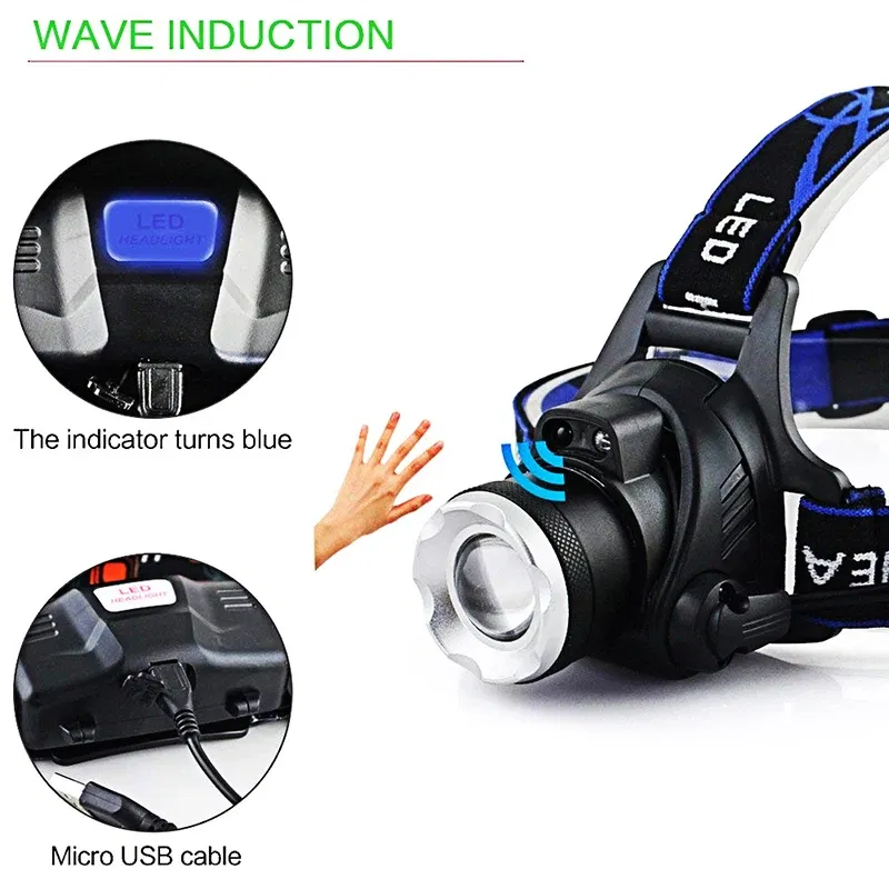 Ships From: CHINA, Body Color: black - zk20 LED Induction Headlamp Headlight Sensor Control Adjustable USB Rechargeable Zoomable Cycling Running Camping Light Torch