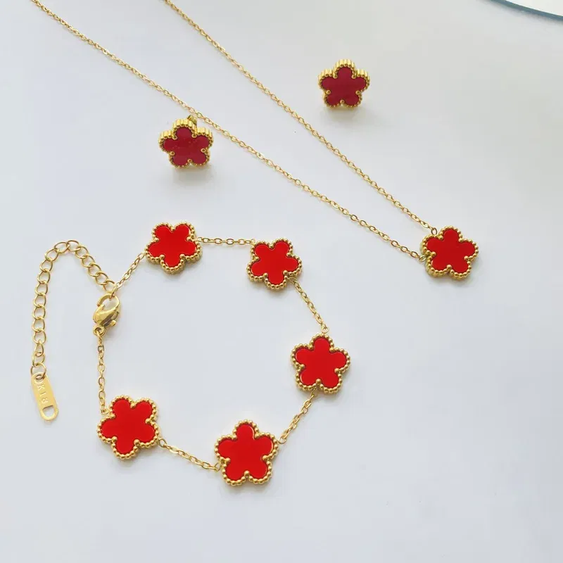 Metal color: Gold-color - 3pcs/set Stainless Steel Flower Jewelry Set Gifts Luxury Modern Fashion Charm Necklace Earrings Bracelet Set Jewelry for Women