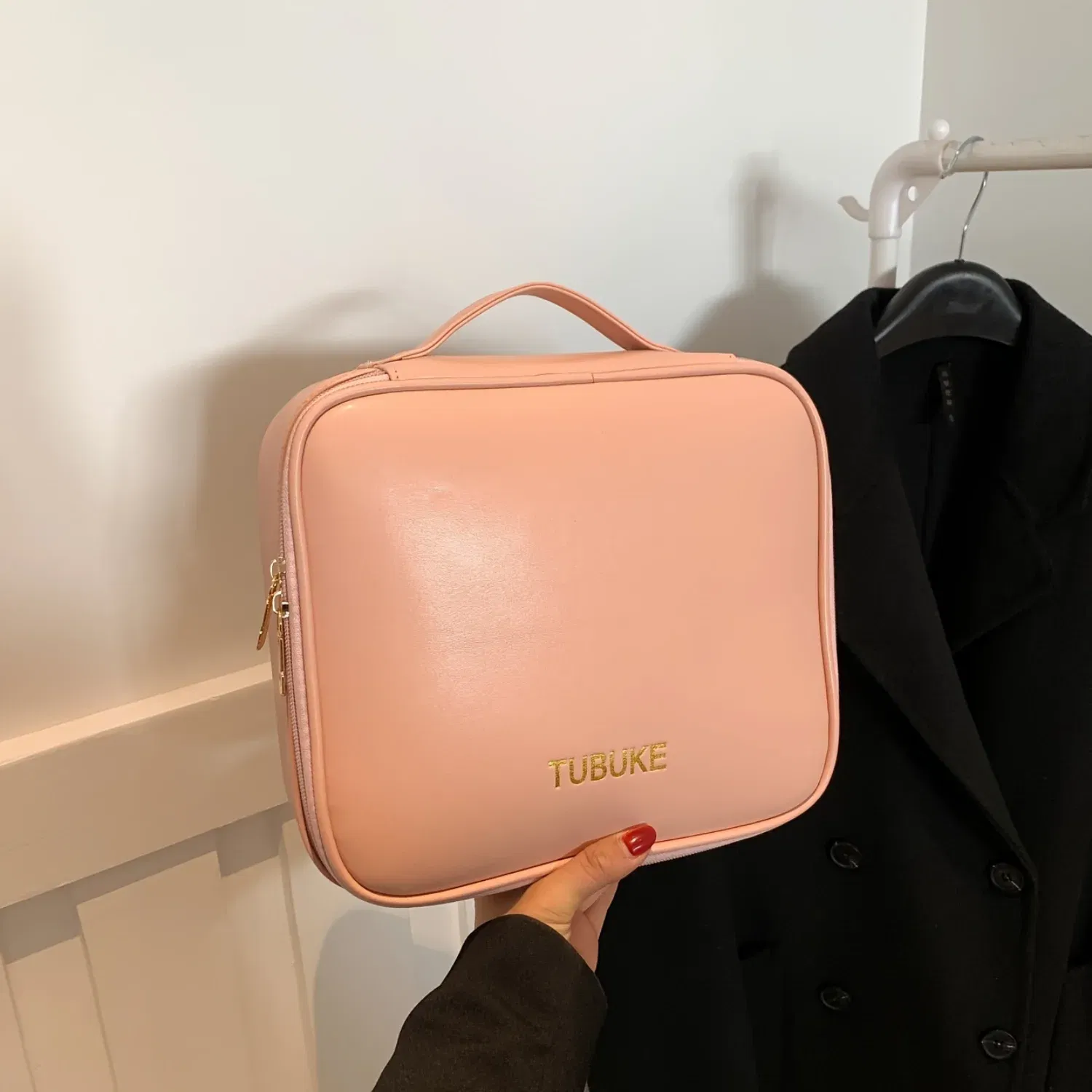 Color: Light Grey, Ships From: CHINA - PU Leather Makeup Bag With Dividers, Portable Travel Cosmetic Organizer, Square Toiletry Organizer