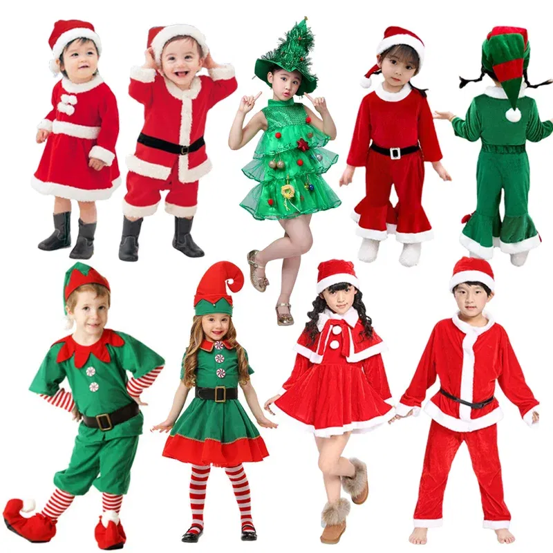Color: green, Kid Size: 4T - New Year Kids Santa Claus Costume Green Elf Cosplay Christmas Carnival Party Fancy Dress for Girls Boys Red Xmas Clothes Set