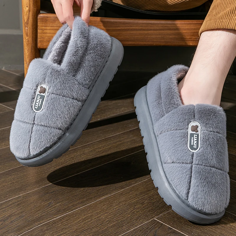 Color: Red, Shoe Size: 46-47 - Men's slippers Winter Solid Color Wrap Heels Plush Slippers Non-slip Warm Women Men Home Casual Cotton Shoes Big Size 50 51