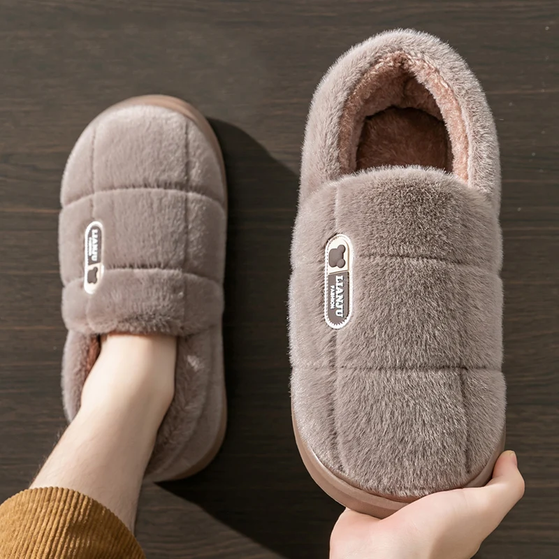 Color: Red, Shoe Size: 46-47 - Men's slippers Winter Solid Color Wrap Heels Plush Slippers Non-slip Warm Women Men Home Casual Cotton Shoes Big Size 50 51