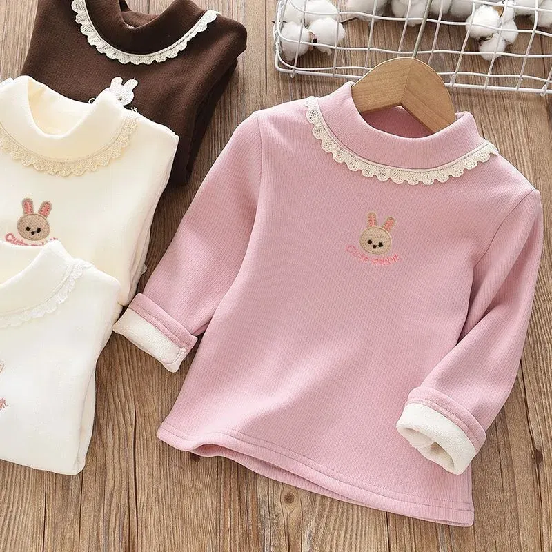 Color: Beige, Kid Size: 4 - 1pcs Children's T-Shirts Rabbit Embroidery Velvet warm top Kids Half High Collar Long Sleeve Base Shirt Girls Tshirts Clothes