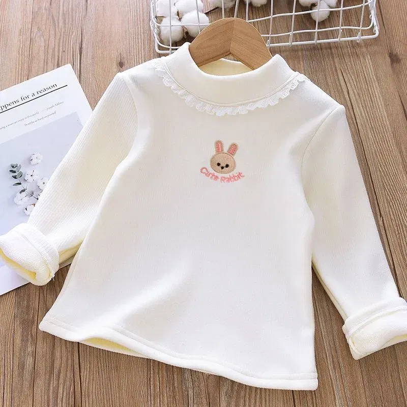 Color: Beige, Kid Size: 4 - 1pcs Children's T-Shirts Rabbit Embroidery Velvet warm top Kids Half High Collar Long Sleeve Base Shirt Girls Tshirts Clothes