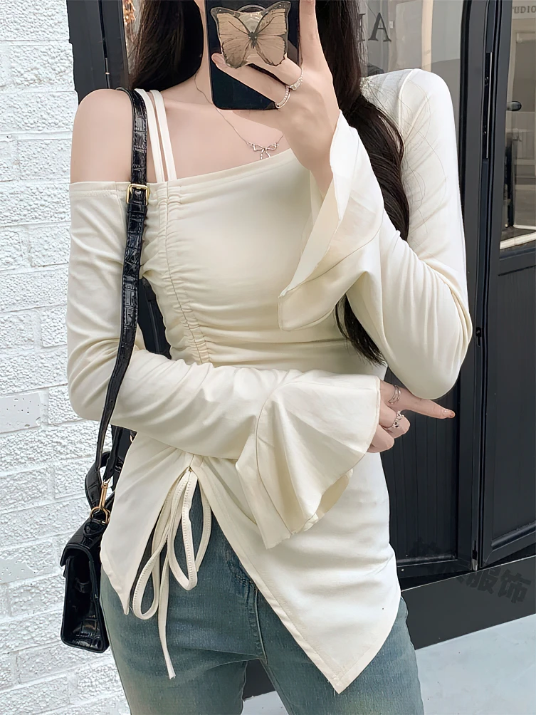 Color: Beige, Size: S - Sweet Sexy Drawstring Ribbon White Off Shoulder Top Women Basic Long Sleeve Body T-Shirt Elegant Flare Sleeve Lady Tees Pulovers