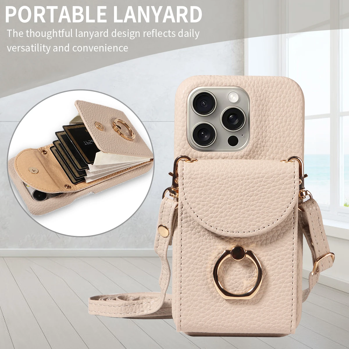 Color: Beige, Compatible-Phone Models: For iPhone 16 Pro, Bundle: Case & Strap, Material: Artificial Leather - High Quality Ring Stand Lychee Pattern Phone Case for IPhone16promax15 14 13 Crossbody with Lanyard PU Leather Anti-fall Cover