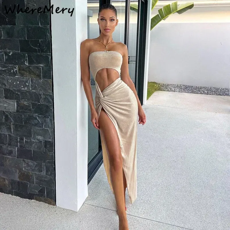 Color: APRICOT, Size: S - WhereMery Sexy Sleeveless Slit Dress Hollow Out Elegant Skinny Women Long Dresses Summer 2024 Fashion Ladies Party Club Vestidos