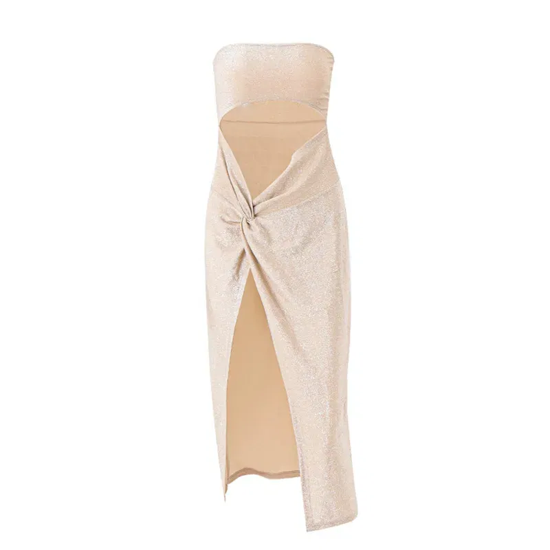 Color: APRICOT, Size: S - WhereMery Sexy Sleeveless Slit Dress Hollow Out Elegant Skinny Women Long Dresses Summer 2024 Fashion Ladies Party Club Vestidos