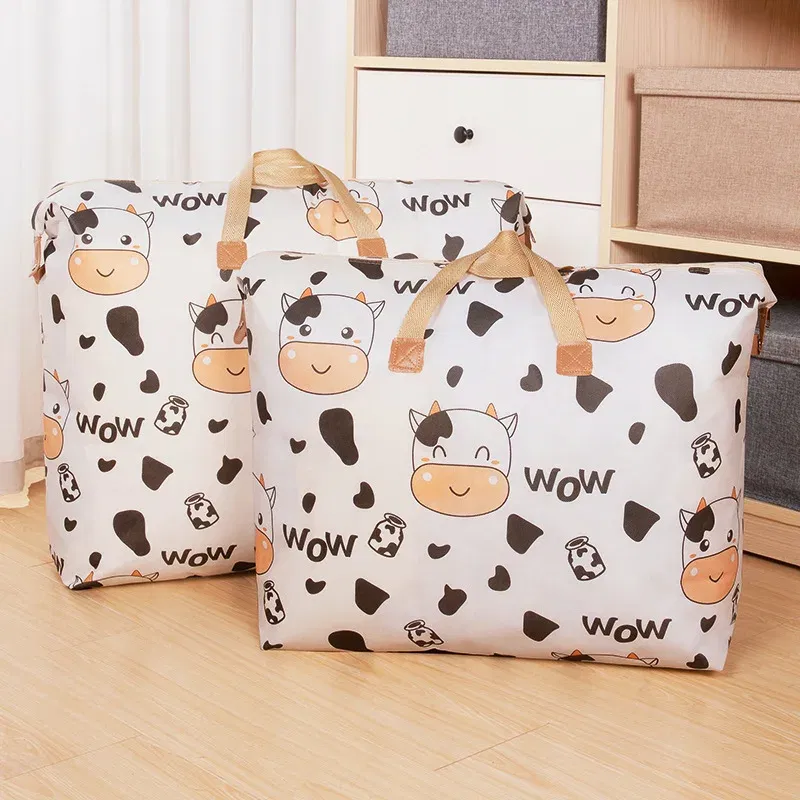 1pc Print Zipper Quilt Storage Bag Zipper Large Capacity Packing Bag Double Handle Moisture-proof Clothes Quilt Storage Bag