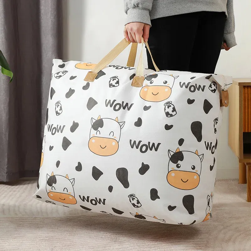 1pc Print Zipper Quilt Storage Bag Zipper Large Capacity Packing Bag Double Handle Moisture-proof Clothes Quilt Storage Bag