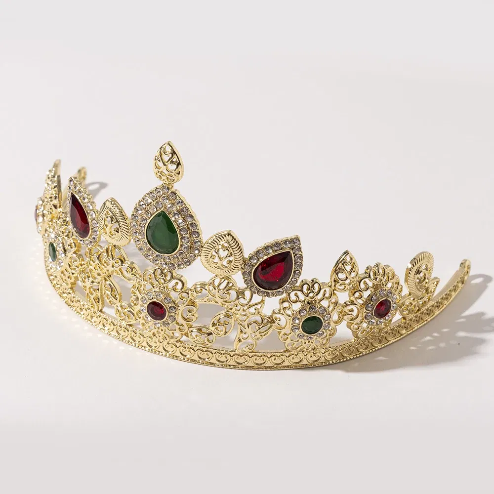Metal color: Champagne gold - LUIZADA European Princess Queen Round Headdress Moroccan Bride Crystal Crown King Bride Headdress Wedding Hair Accessories