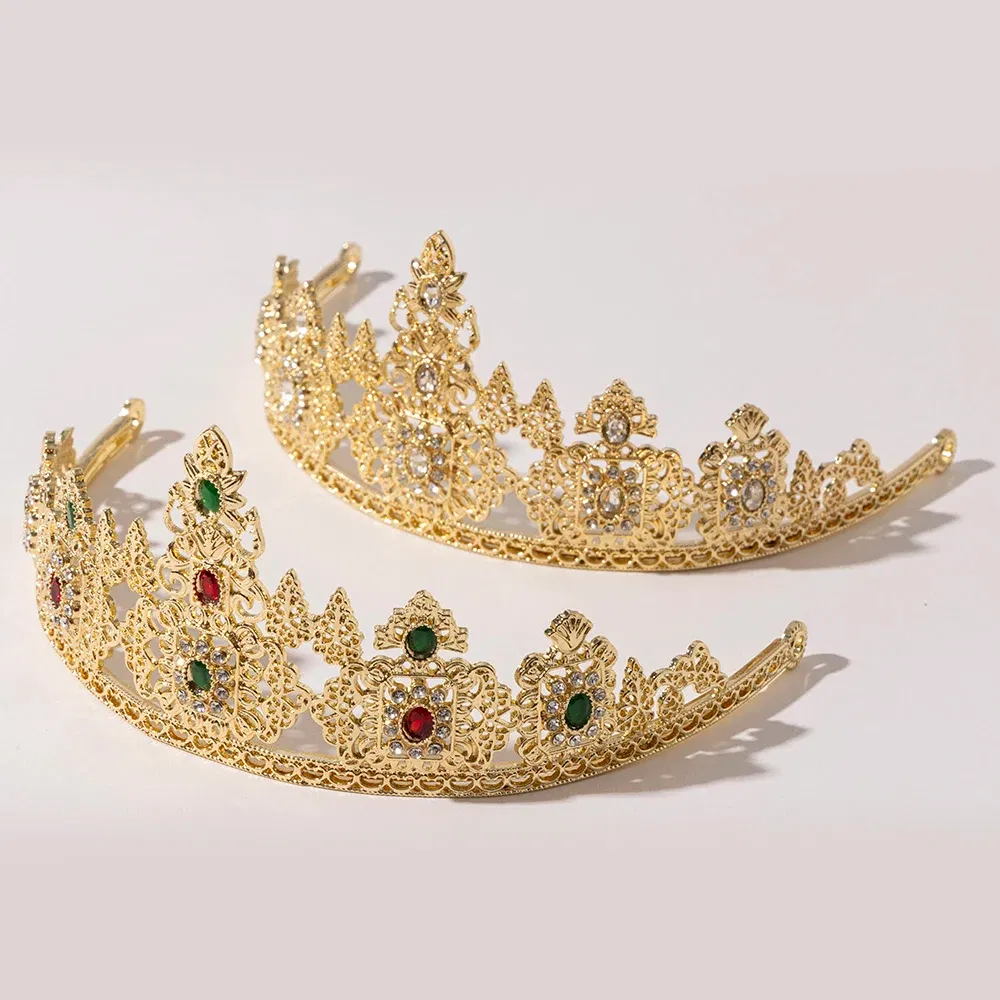 Metal color: Champagne gold - LUIZADA European Princess Queen Round Headdress Moroccan Bride Crystal Crown King Bride Headdress Wedding Hair Accessories