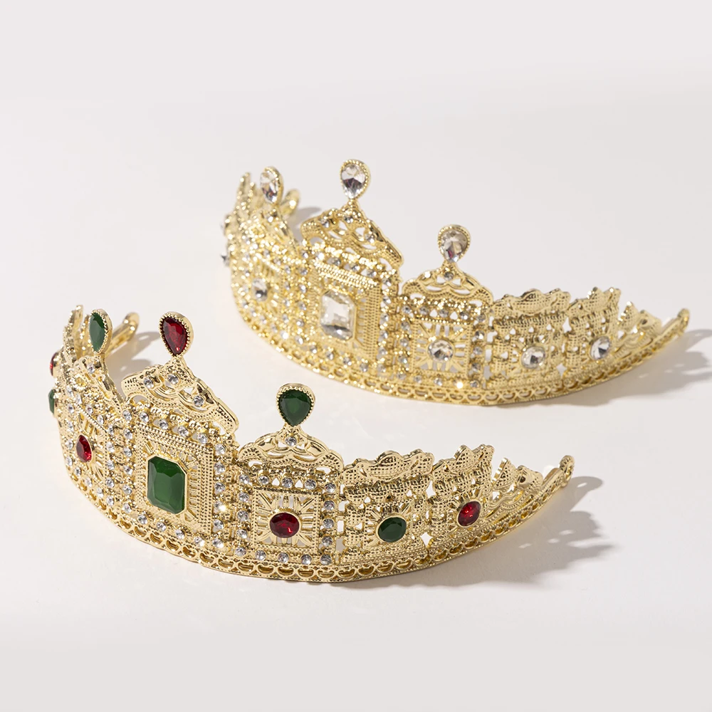 Metal color: Champagne gold - LUIZADA European Princess Queen Round Headdress Moroccan Bride Crystal Crown King Bride Headdress Wedding Hair Accessories