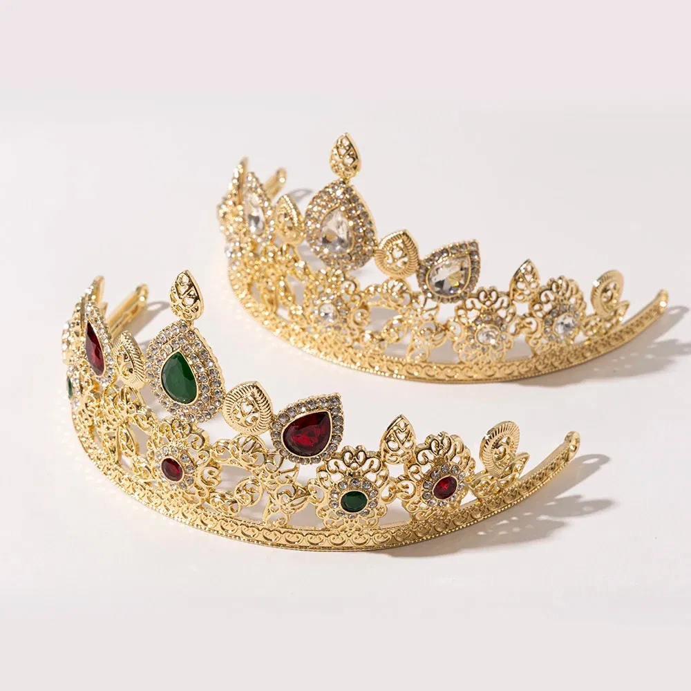 Metal color: Champagne gold - LUIZADA European Princess Queen Round Headdress Moroccan Bride Crystal Crown King Bride Headdress Wedding Hair Accessories