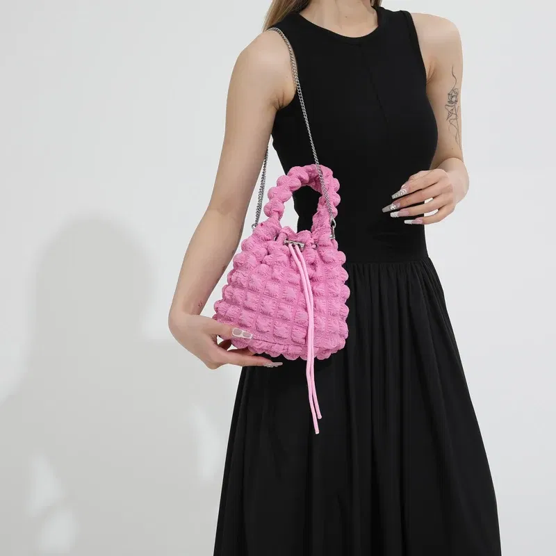 Color: Beige - Pearl puff fashion pop bucket bag pleated lines dopamine color youth smell girlishness sweet casual