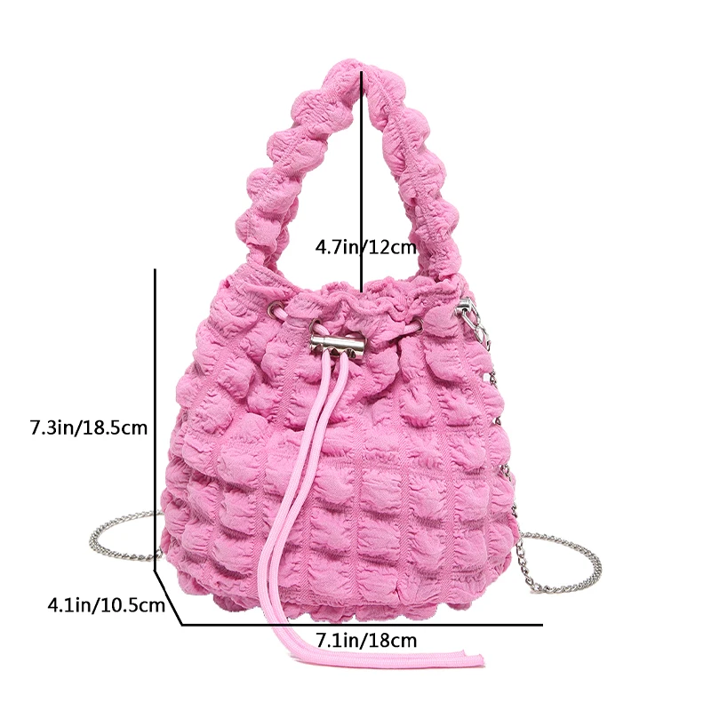 Color: Beige - Pearl puff fashion pop bucket bag pleated lines dopamine color youth smell girlishness sweet casual