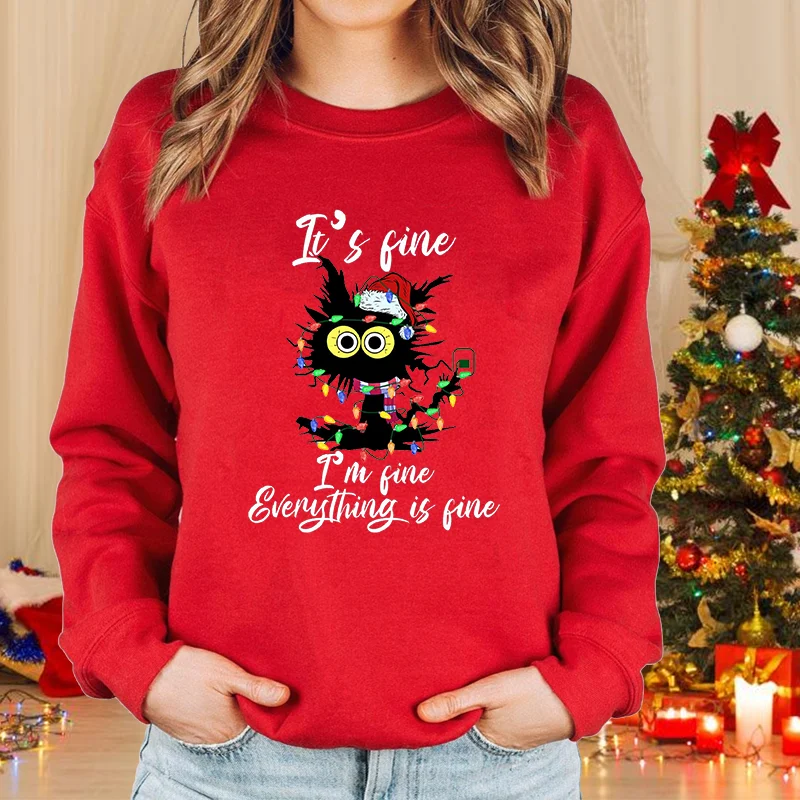 Color: Dark Brown, Size: L - New fashion women's Christmas cat sweater long-sleeved round neck pullover sweater fall and winter Christmas women's tops