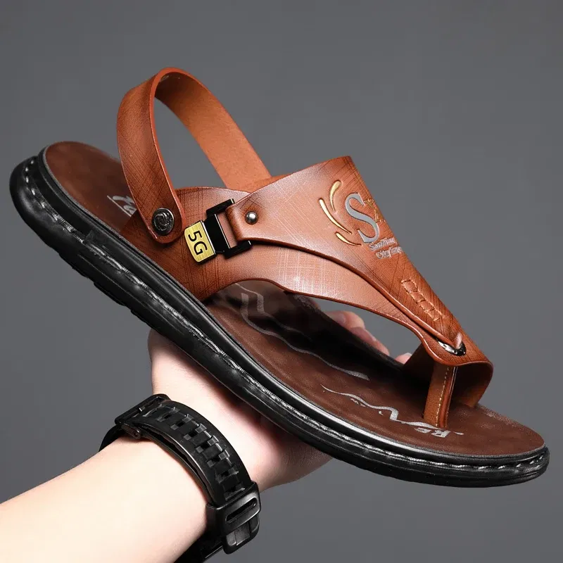 Color: black, Shoe Size: 42 - Summer Men Sandals Casual Genuine Leather Leisure Sandals Designer Shoes Men