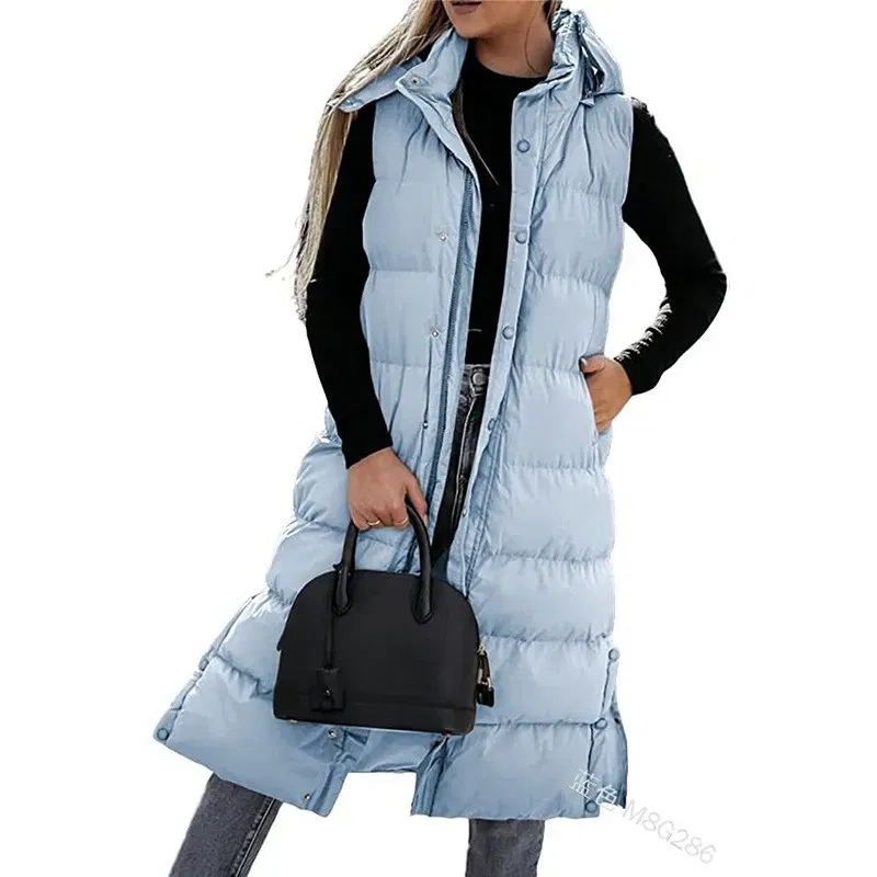 Color: SKY BLUE, Size: XXXL - Hooded Zipper Jacket Women Oversize Waistcoat Winter Outerwear Hooded Parka Fashion Quilted Vest Casual