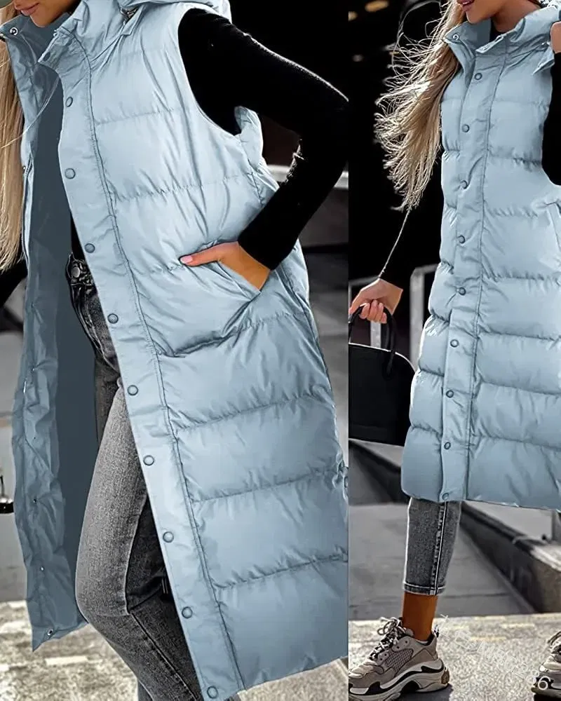 Color: SKY BLUE, Size: XXXL - Hooded Zipper Jacket Women Oversize Waistcoat Winter Outerwear Hooded Parka Fashion Quilted Vest Casual
