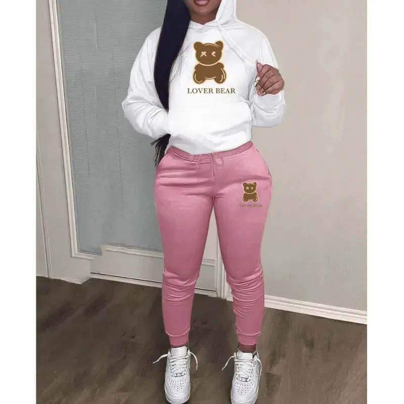 Color: Gold, Size: XXL - 2 Piece Set Women Outfit Letter Bear Print Hooded Neck Hoodies Sweatshirt Pants Tracksuit 2024 Plus Size Streetwear Casual Suit