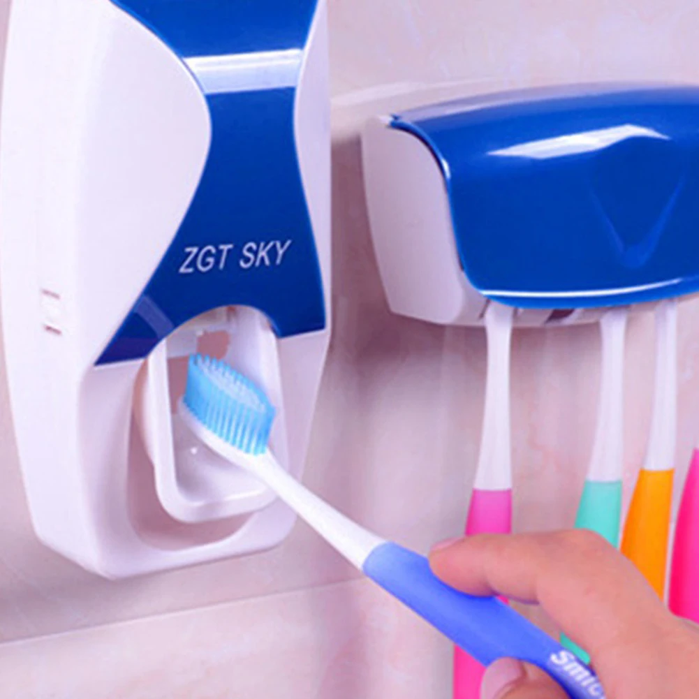 Color: Blue, Ships From: CHINA - Toothbrush Holder Automatic Toothpaste Dispenser Set Dustproof Sticky Suction Wall Mounted Toothpaste Squeezer Bathroom Holder
