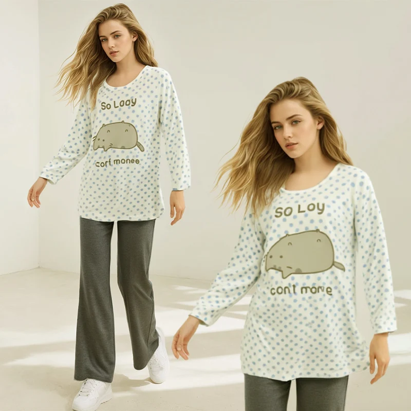 Color: Beige, Size: M - Woman Clothing y2k arcane Cute T-shirts Lazy Cat Print Anime Female Clothing Soft Clothes Loungewear Casual Long-sleeved Tops