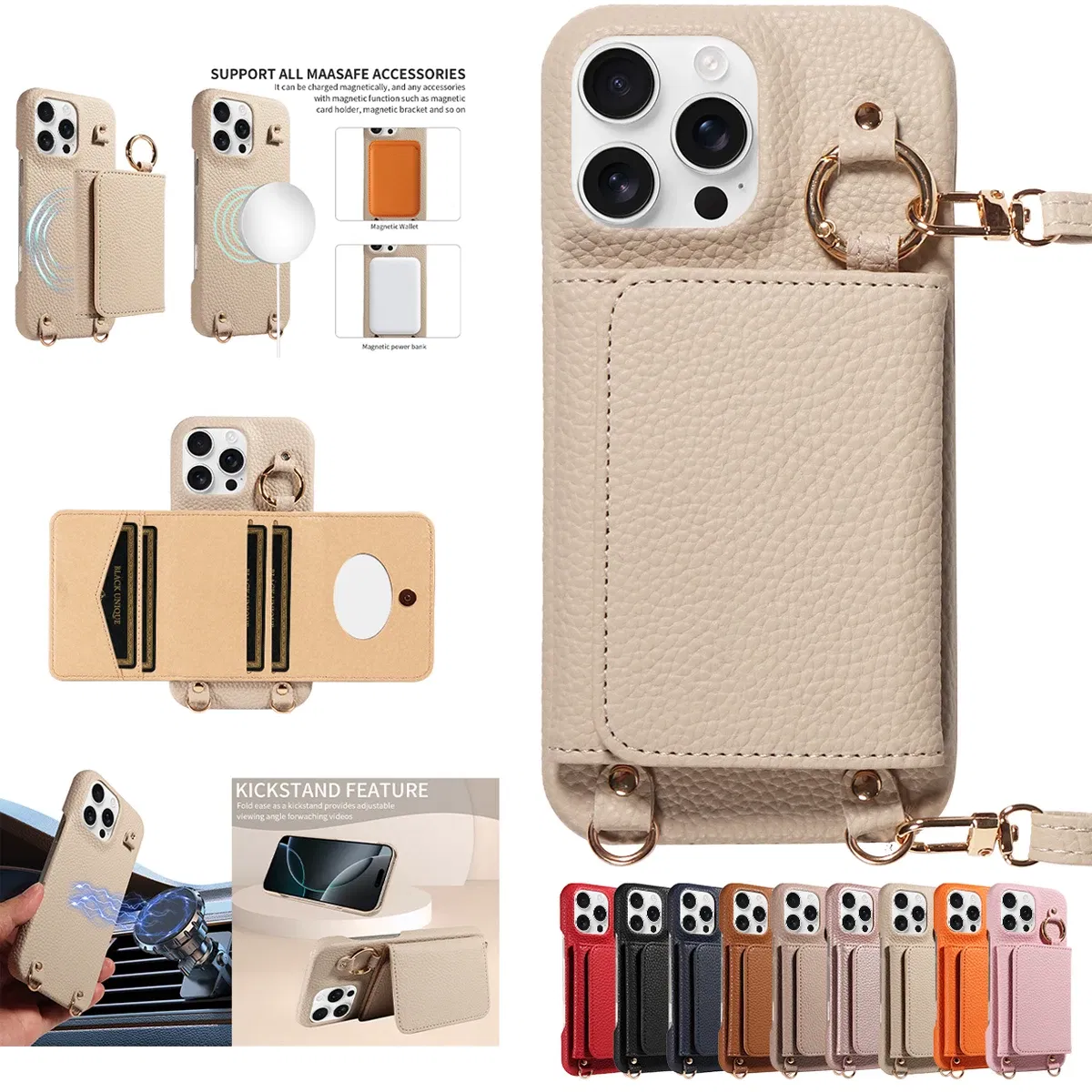 Color: Pink, Bundle: Case & Strap, Material: Artificial Leather, Compatibility by Model: iPhone 15 Pro - For IPhone16 15 Pro Max 14 13 12 Series PU Leather Magsafe Magnetic Wireless Charging Shockproof Crossbody Wallet Phone Case