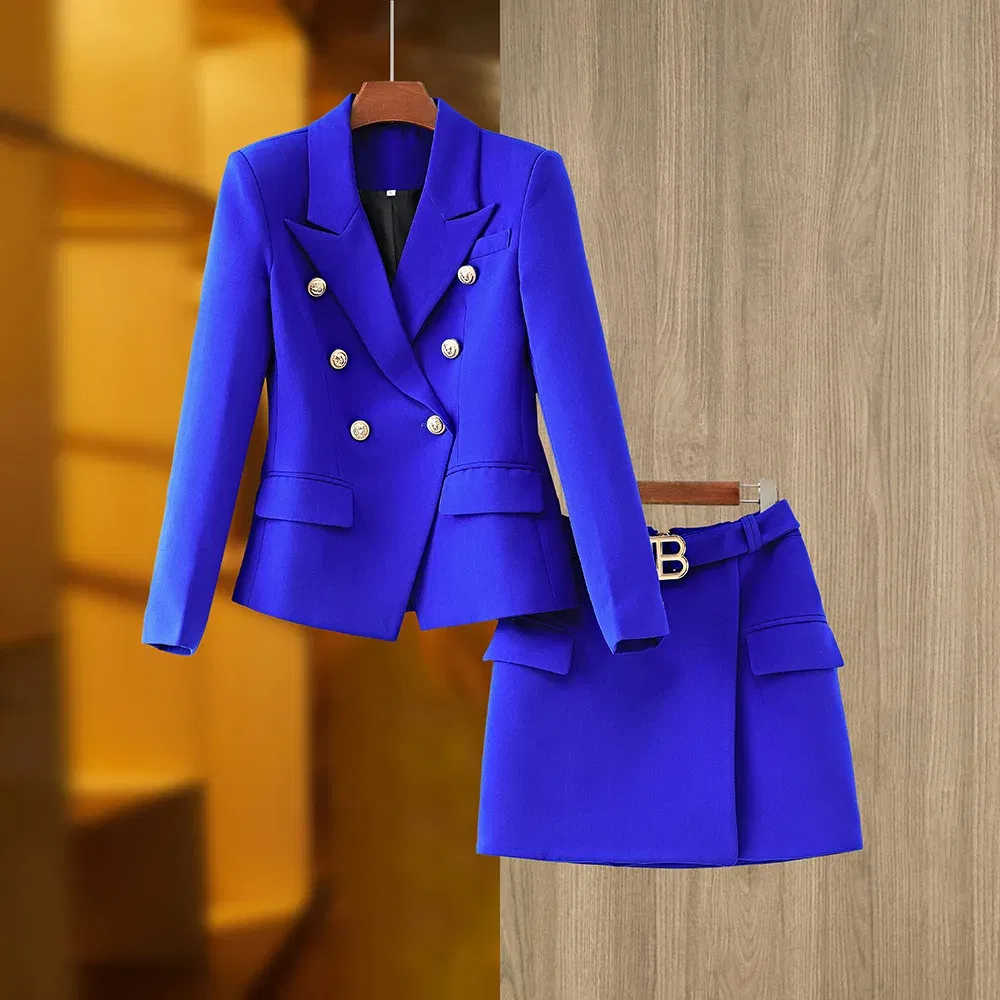 Color: Blue, Size: XXL, Ships From: CN - New Arrival Elegant Style Lady Office Work Suit Double-breasted Long Sleeve Fitted Blazer A-line Pencil Mini Skirt Women 2Pcs