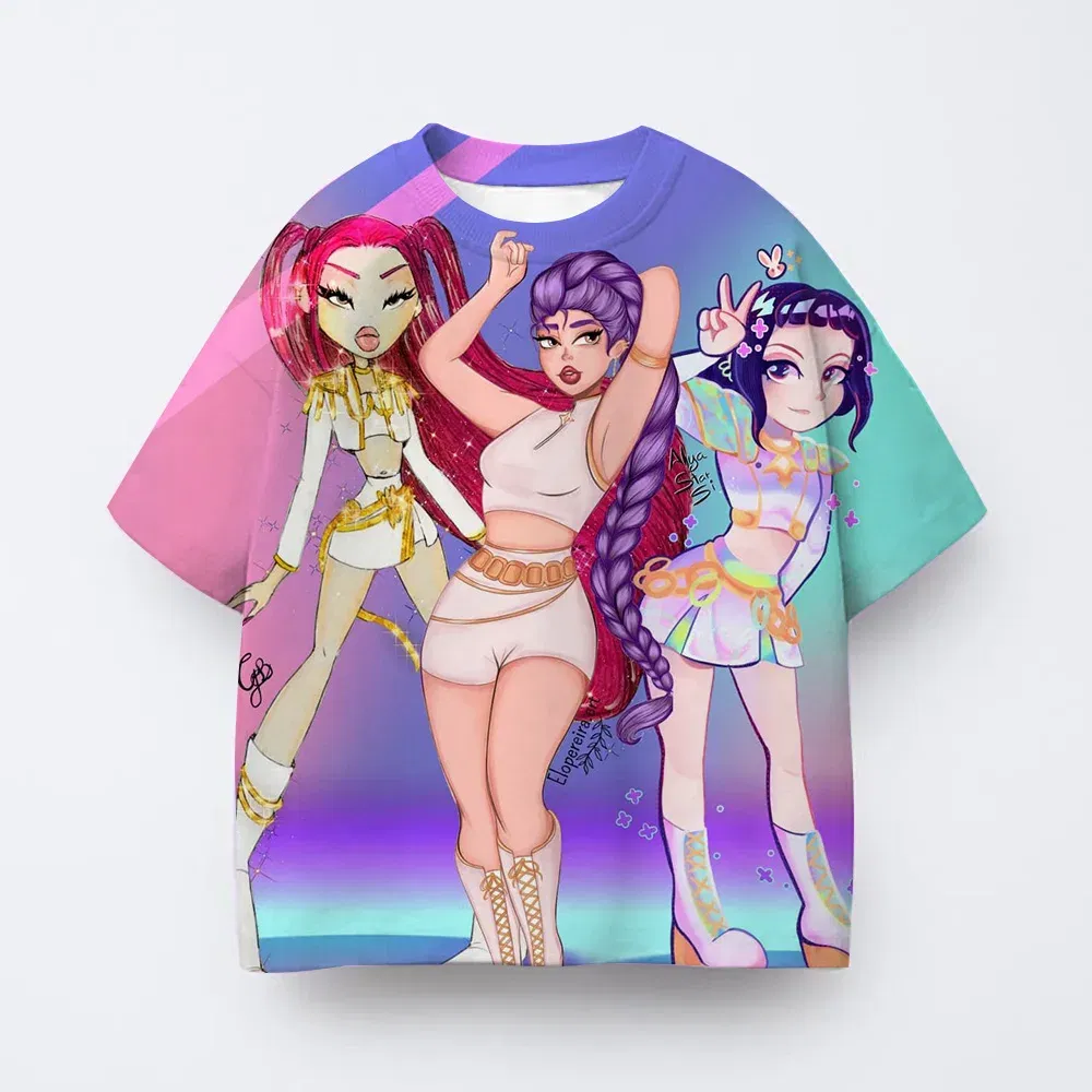 Color: GRAY, Kid Size: 4 - T-shirt anime Kpop witch hunting group 3D printing children's T-shirt fashion casual cartoon T-shirt girls' children's clothing