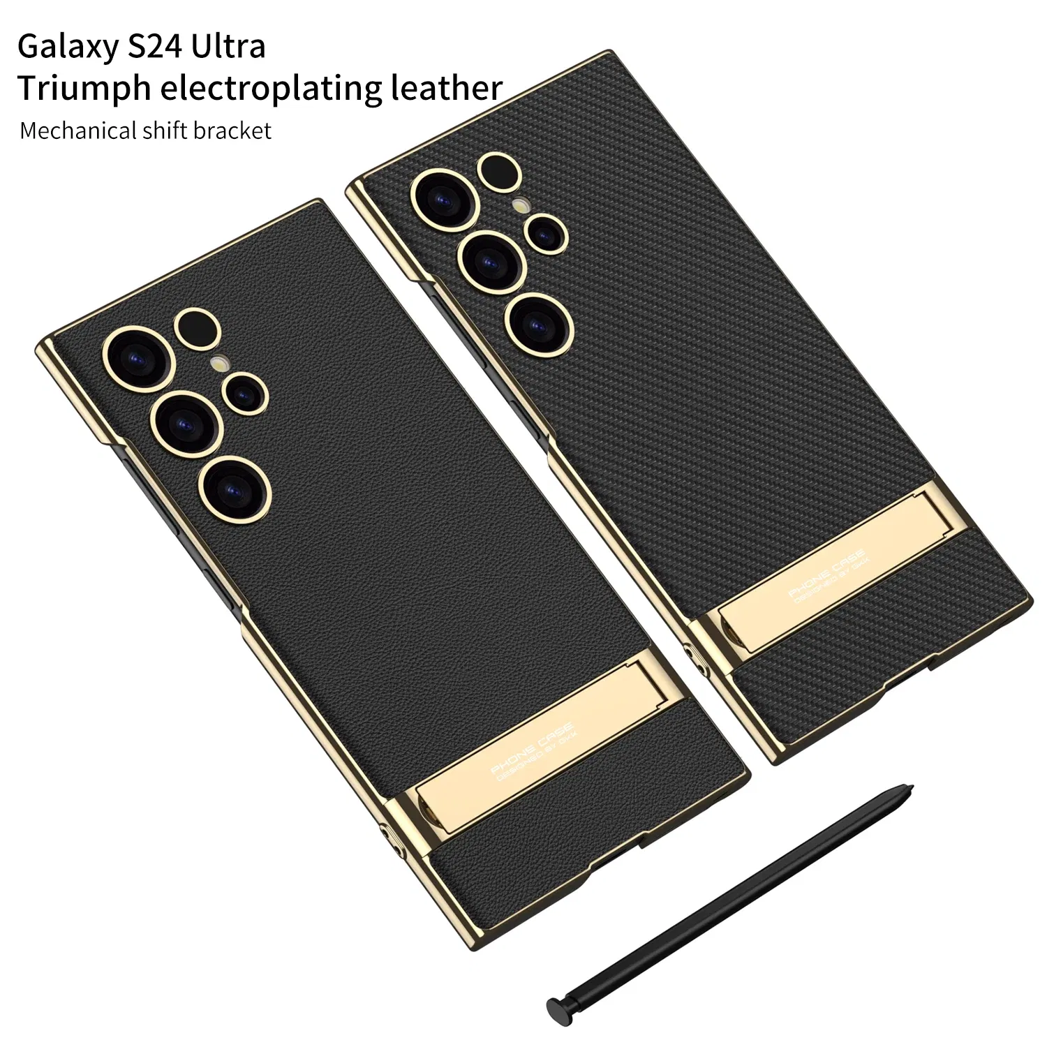 Color: Beige, Bundle: Case & Strap, Material: Canvas - For Samsung Galaxy S24 Ultra Plus Case Luxury Electroplated Gold Border Plain Leather Bracket Shockproof Back Cover Accessories