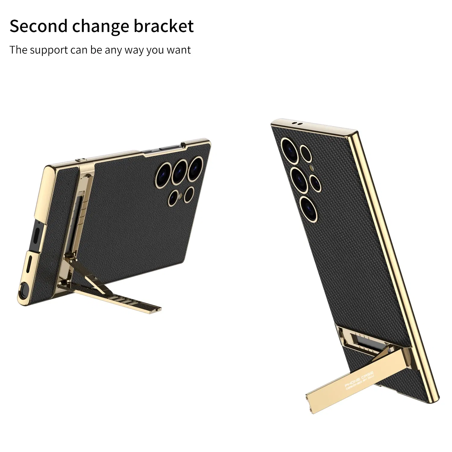 Color: Beige, Bundle: Case & Strap, Material: Canvas - For Samsung Galaxy S24 Ultra Plus Case Luxury Electroplated Gold Border Plain Leather Bracket Shockproof Back Cover Accessories