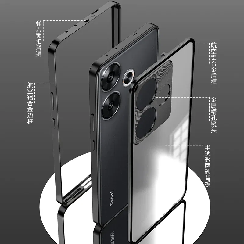 Color: Silver, Material: Aluminum - Aluminium Alloy Metal Frame Case For Poco F6 Case Matte transparent Acrylic Back Cover For Xiaomi POCO F6 5G Redmi Turbo3 Bumper